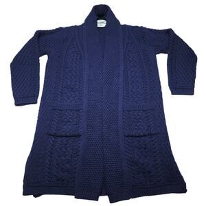 Aran Craft Ireland 100% Merino Wool Open Front Cardigan Sweater Blue Women Small